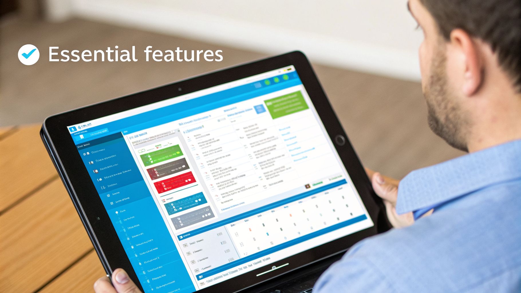 A man in a blue shirt is actively engaging with an application's essential features on a tablet.