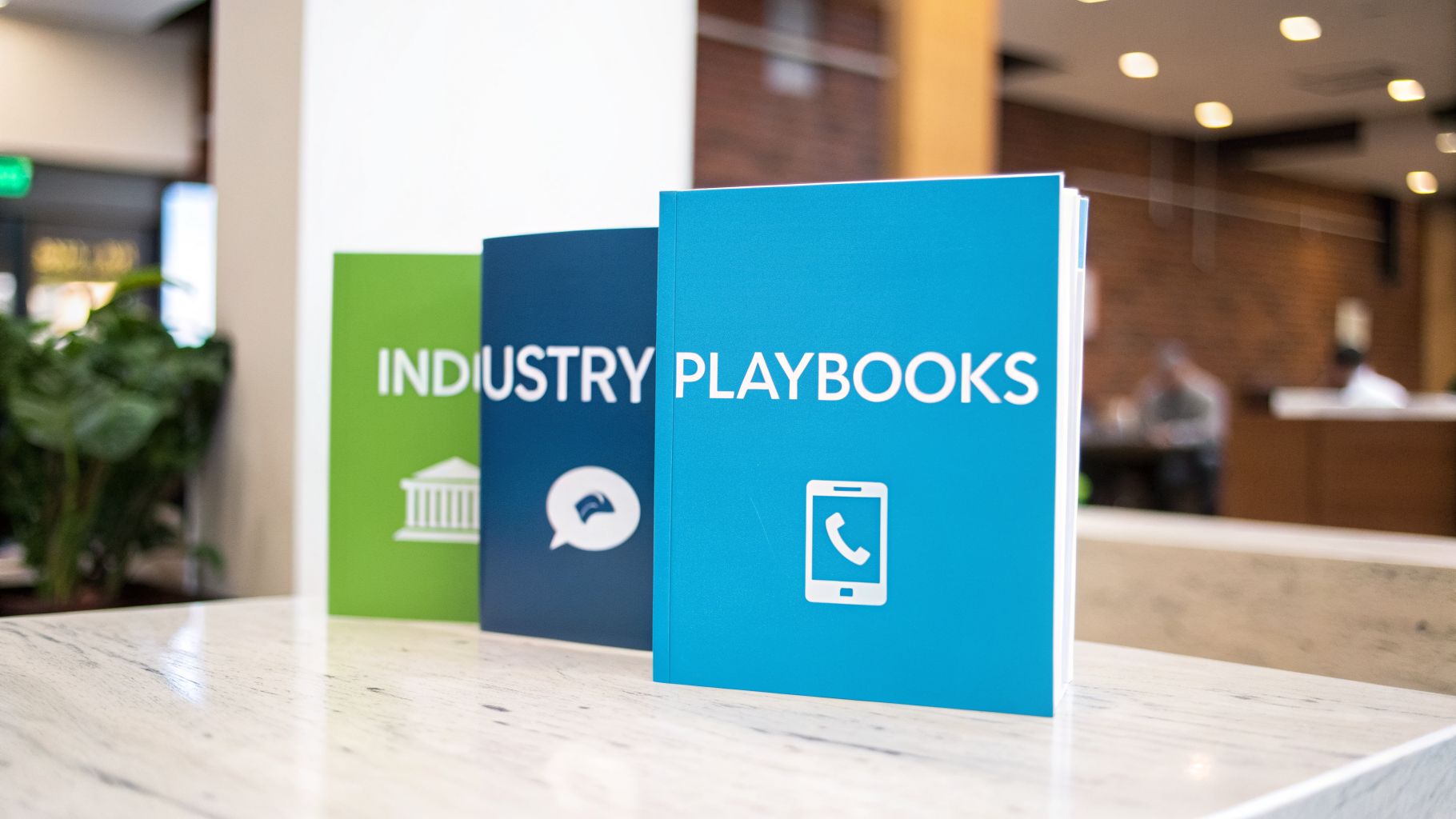 Three colorful business playbooks, green, blue, and light blue, with text and icons, on a marble table.
