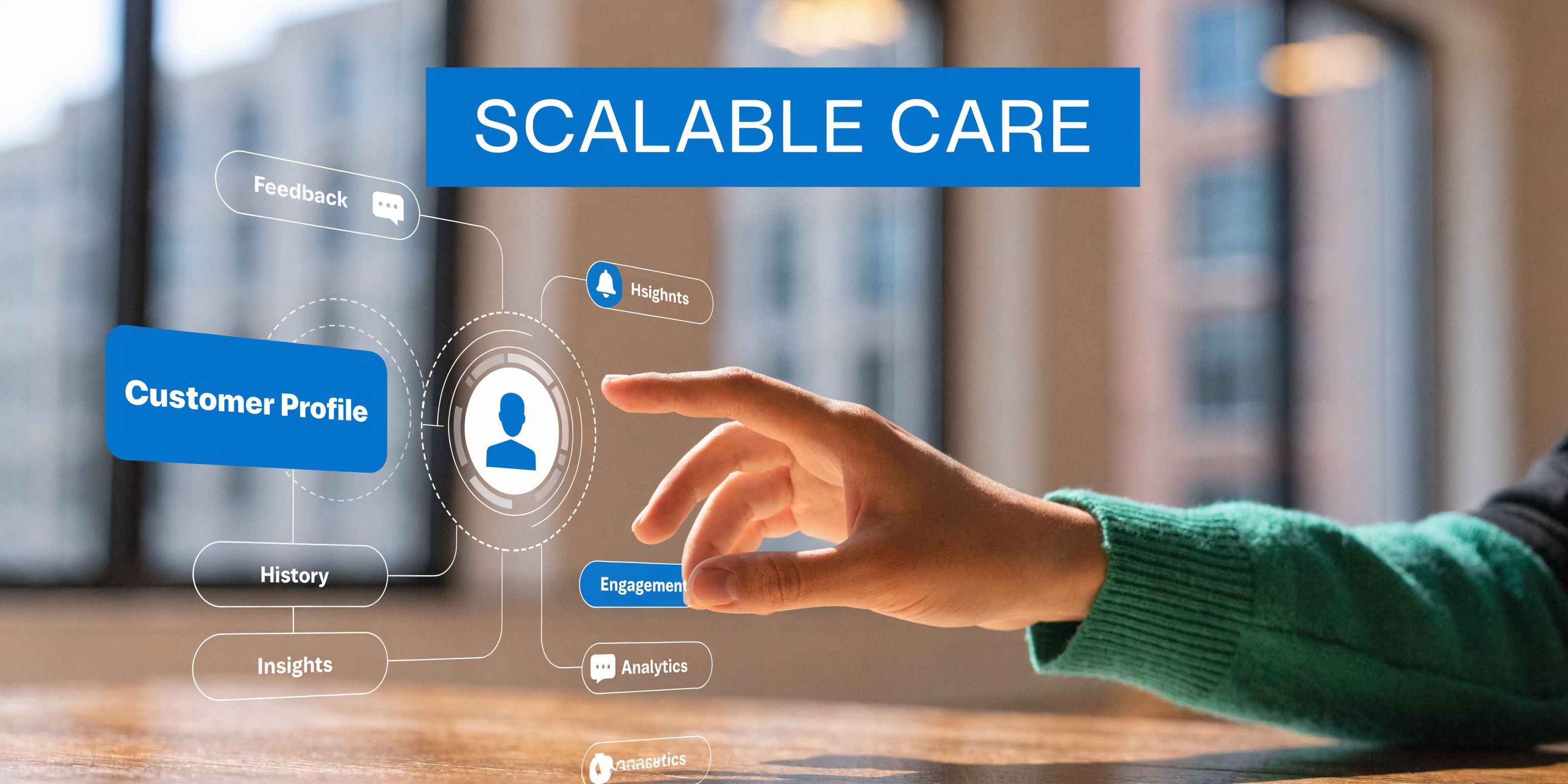 A person interacting with a digital interface showing a customer profile chart for scalable customer care services.