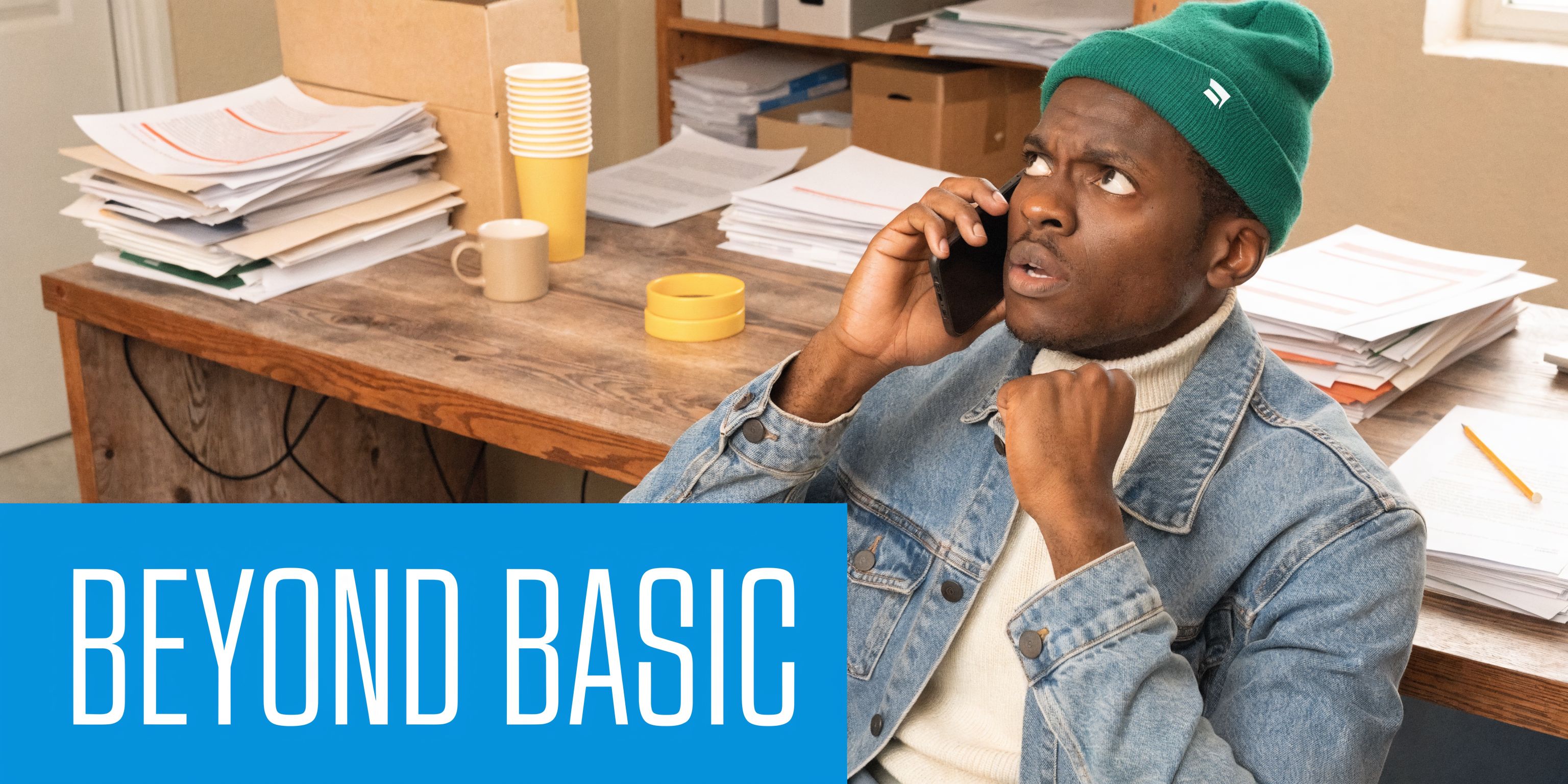 A man wearing a beanie and denim jacket looks stressed while talking on his mobile phone at work.