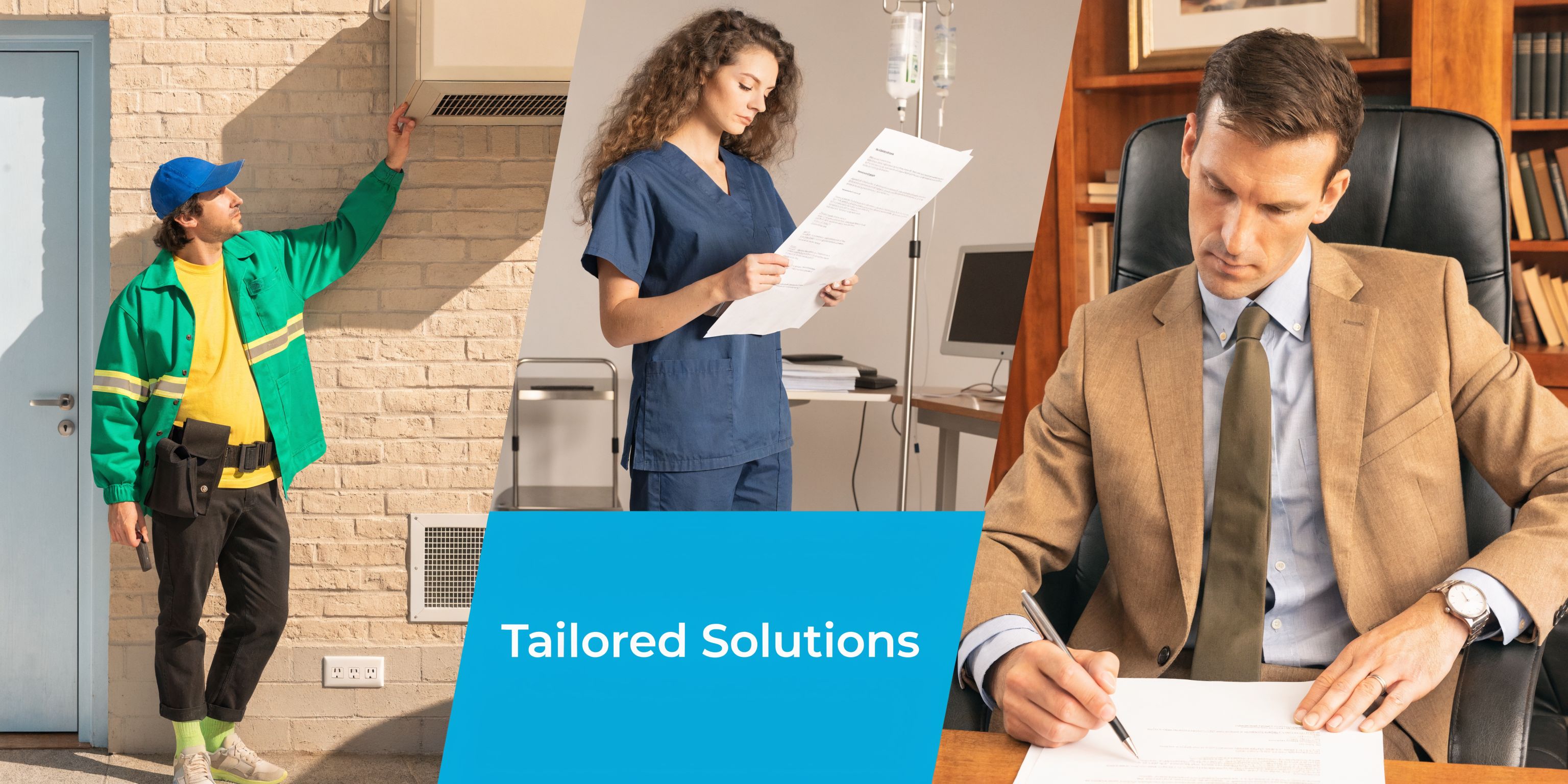 A collage showing a technician, a nurse reviewing documents, and a businessman signing paperwork.
