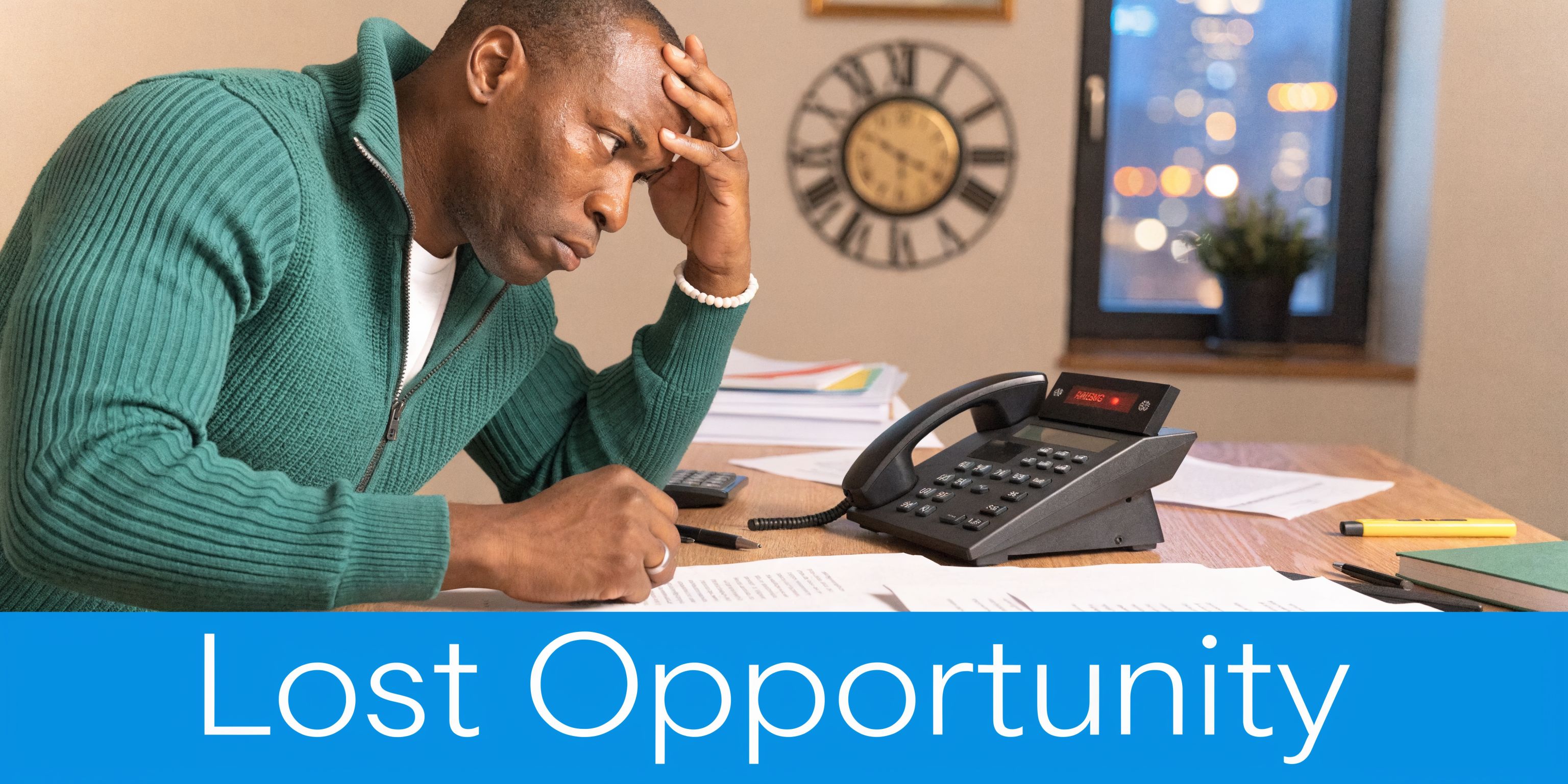 A stressed man sitting at a desk looking at paperwork while reviewing his missed call screen service.