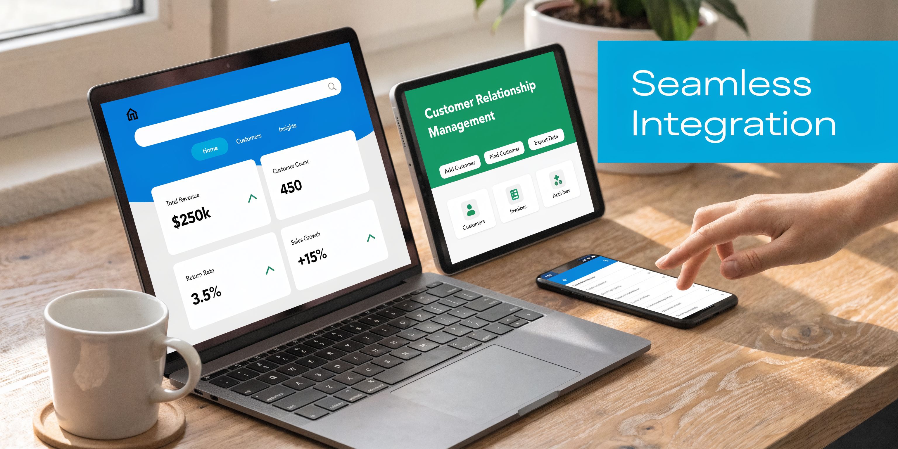 A laptop, tablet, and smartphone displaying a customer relationship management interface on a wooden office desk.