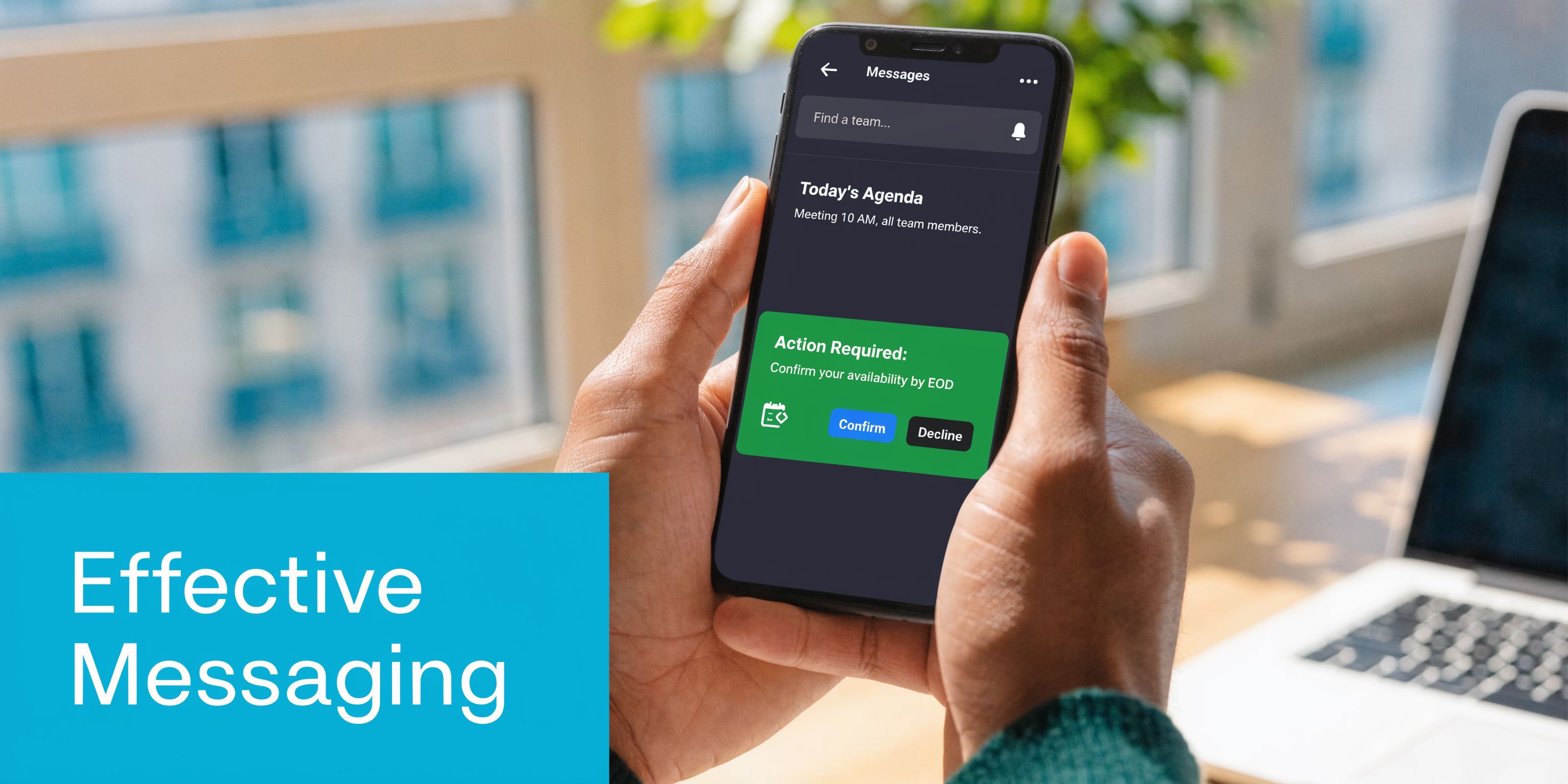 A person holding a smartphone showing an action-required message in a team communication app interface.