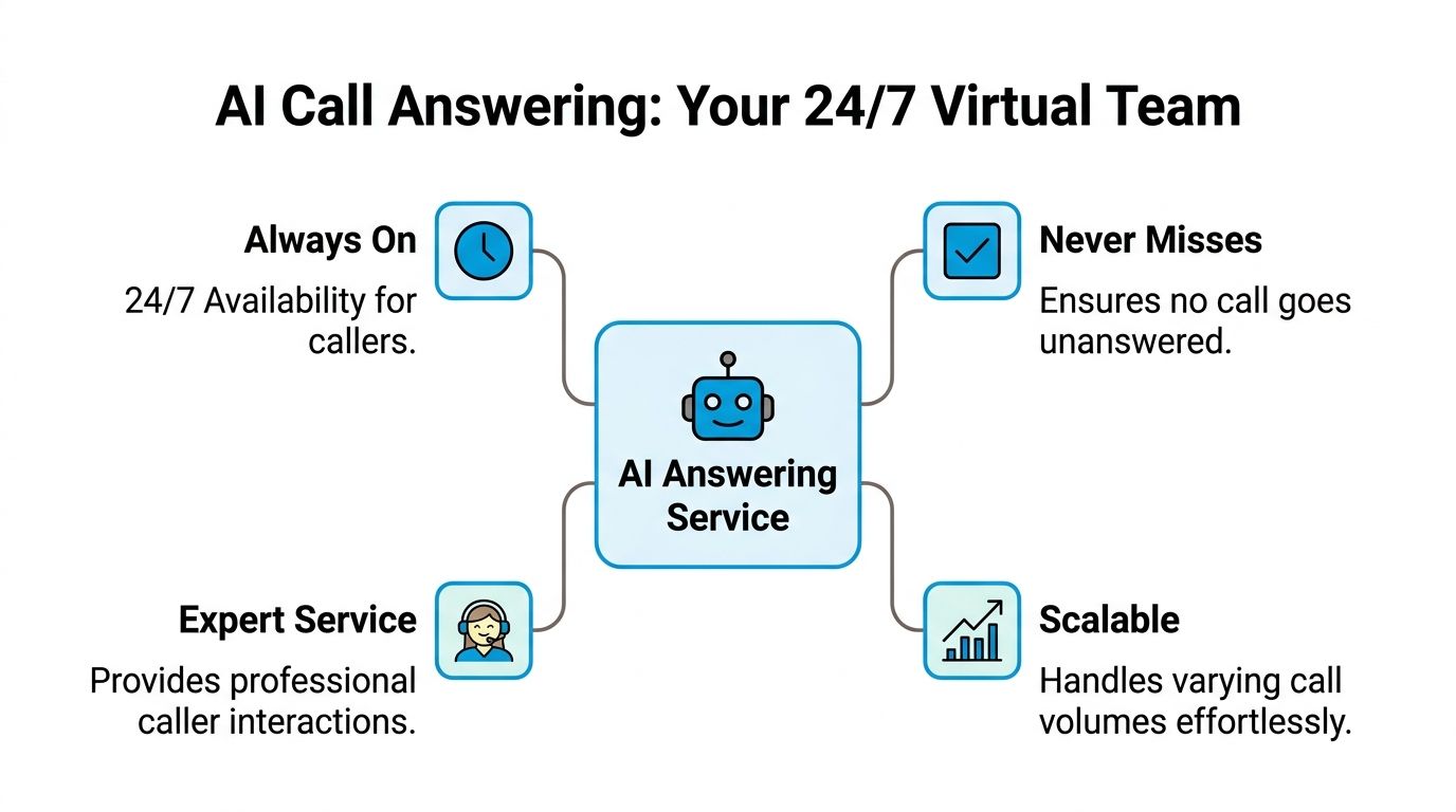 A diagram illustrating the benefits of an AI call answering service, including 24/7 availability and scalability.