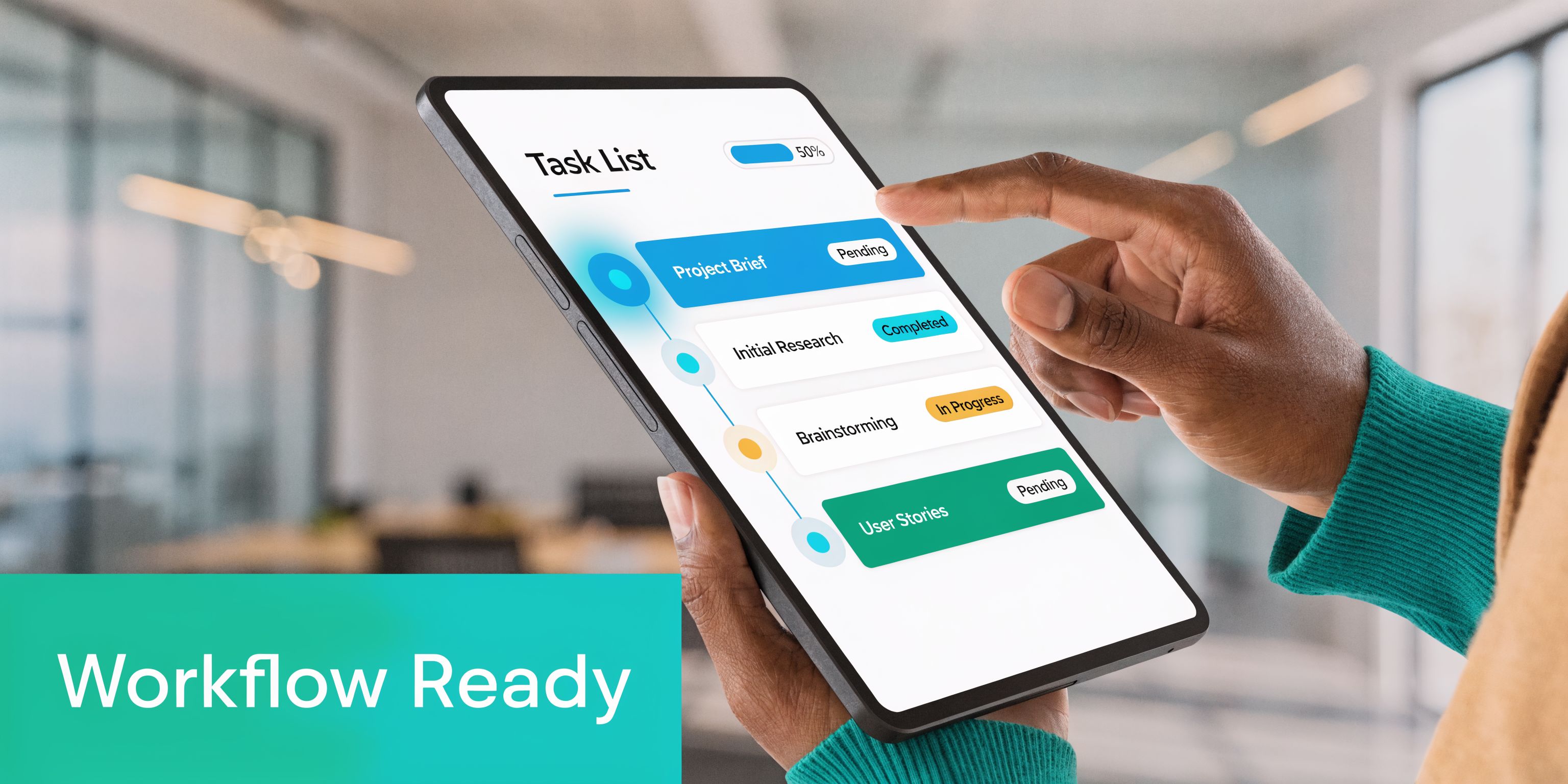A professional using a digital tablet to track project tasks in a modern office workspace environment.
