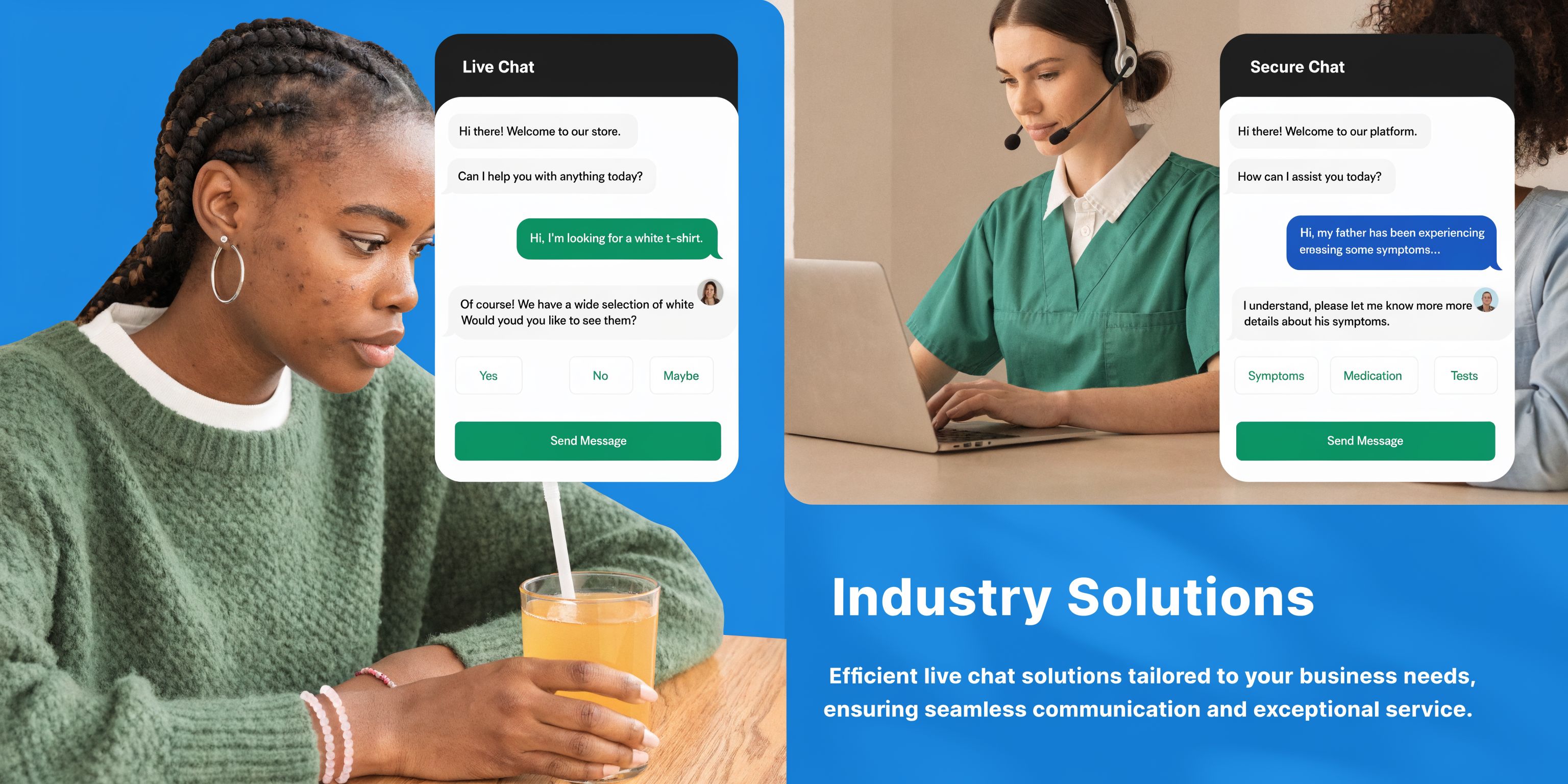 A split screen graphic showing a shopping live chat and a secure medical chat interface.