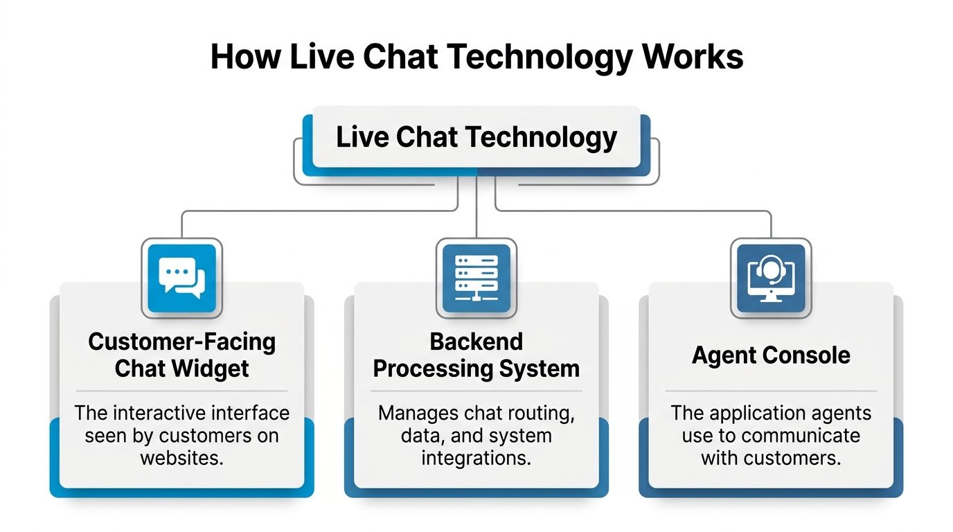 A diagram illustrating how live chat technology functions, including the customer chat widget, backend system, and agent console.