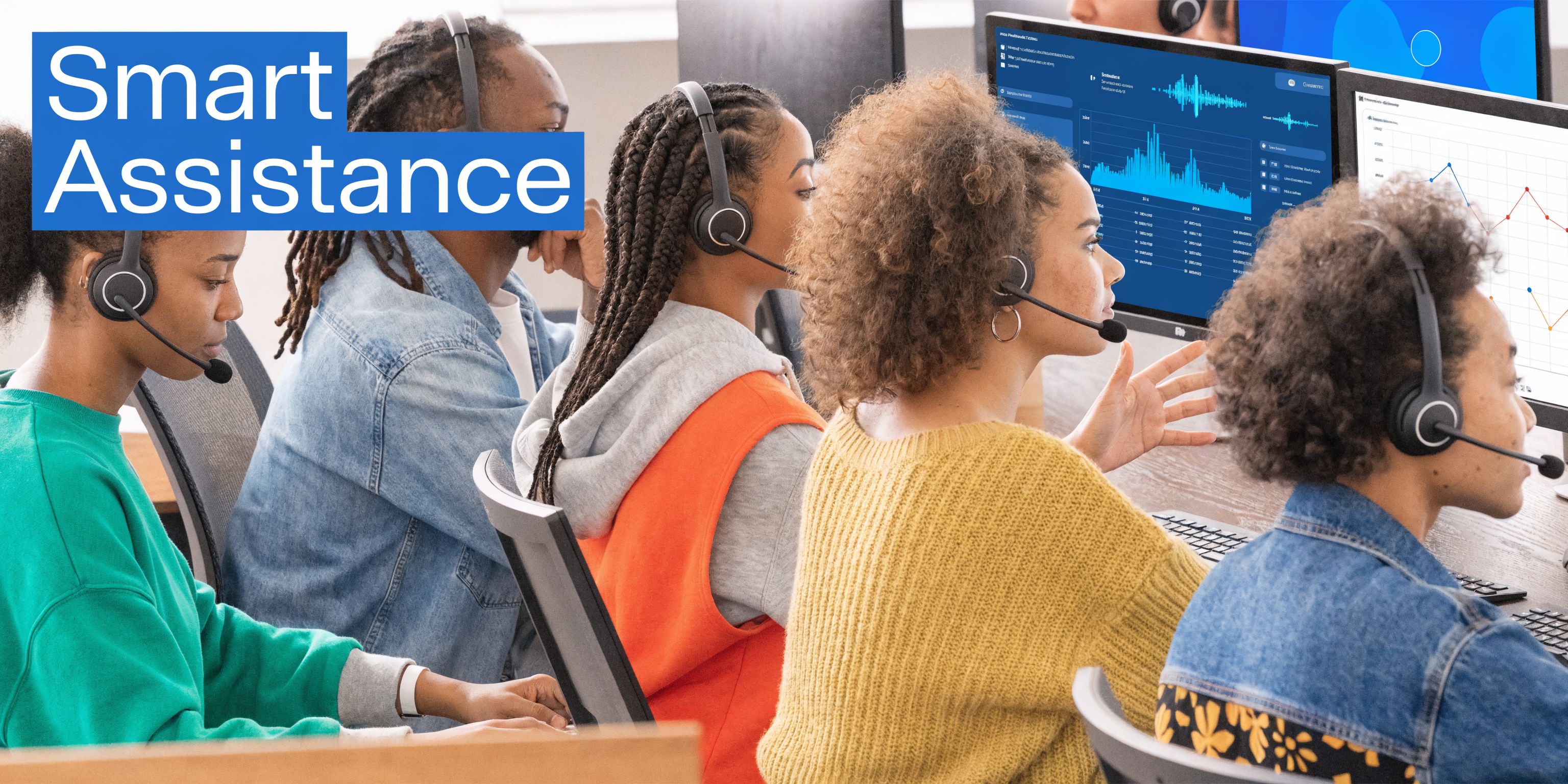 A diverse group of customer support professionals wearing headsets working together in a modern, professional office environment.