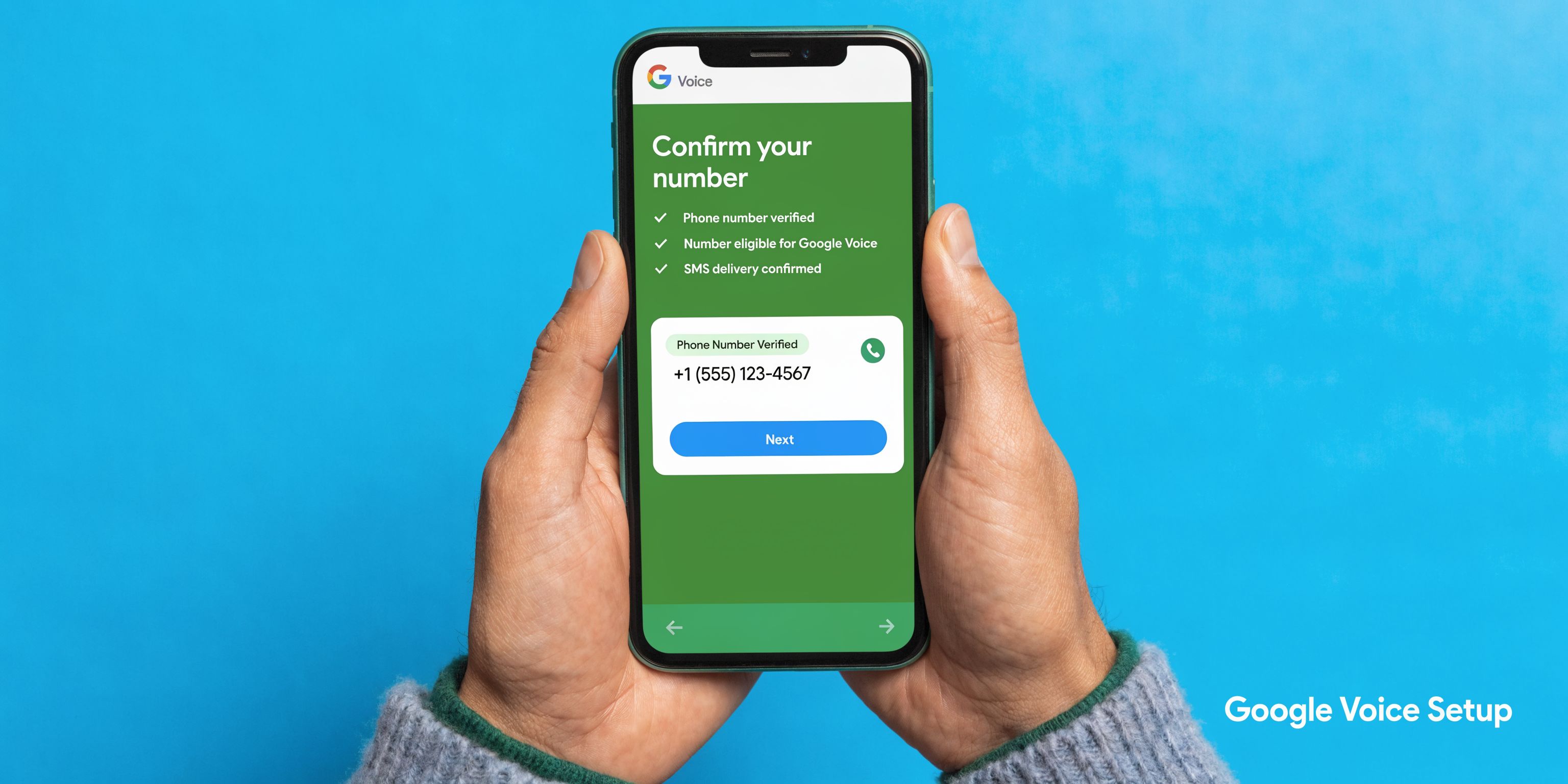 A person holding a smartphone showing a successful Google Voice account setup screen on a blue background.