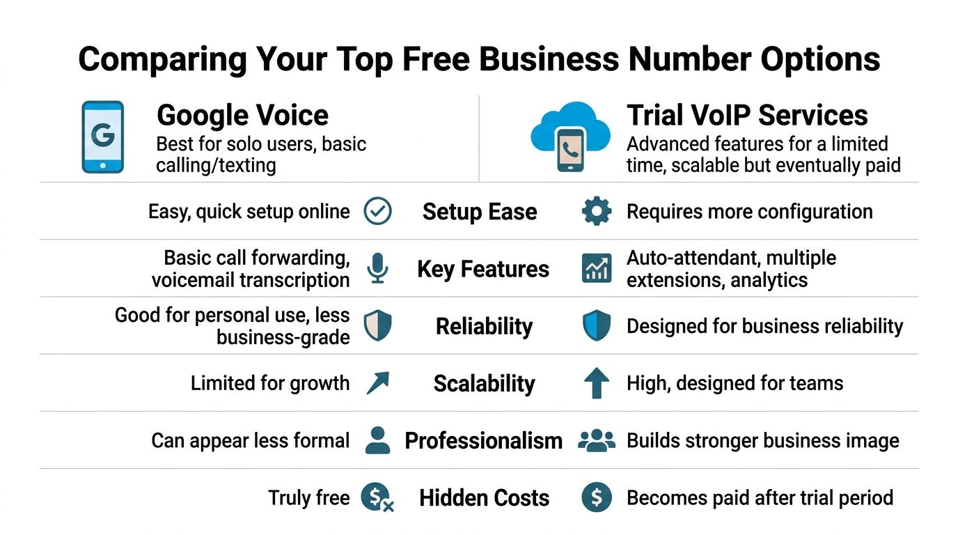 A comparison chart outlining the pros and cons of Google Voice versus Trial VoIP services for business numbers.