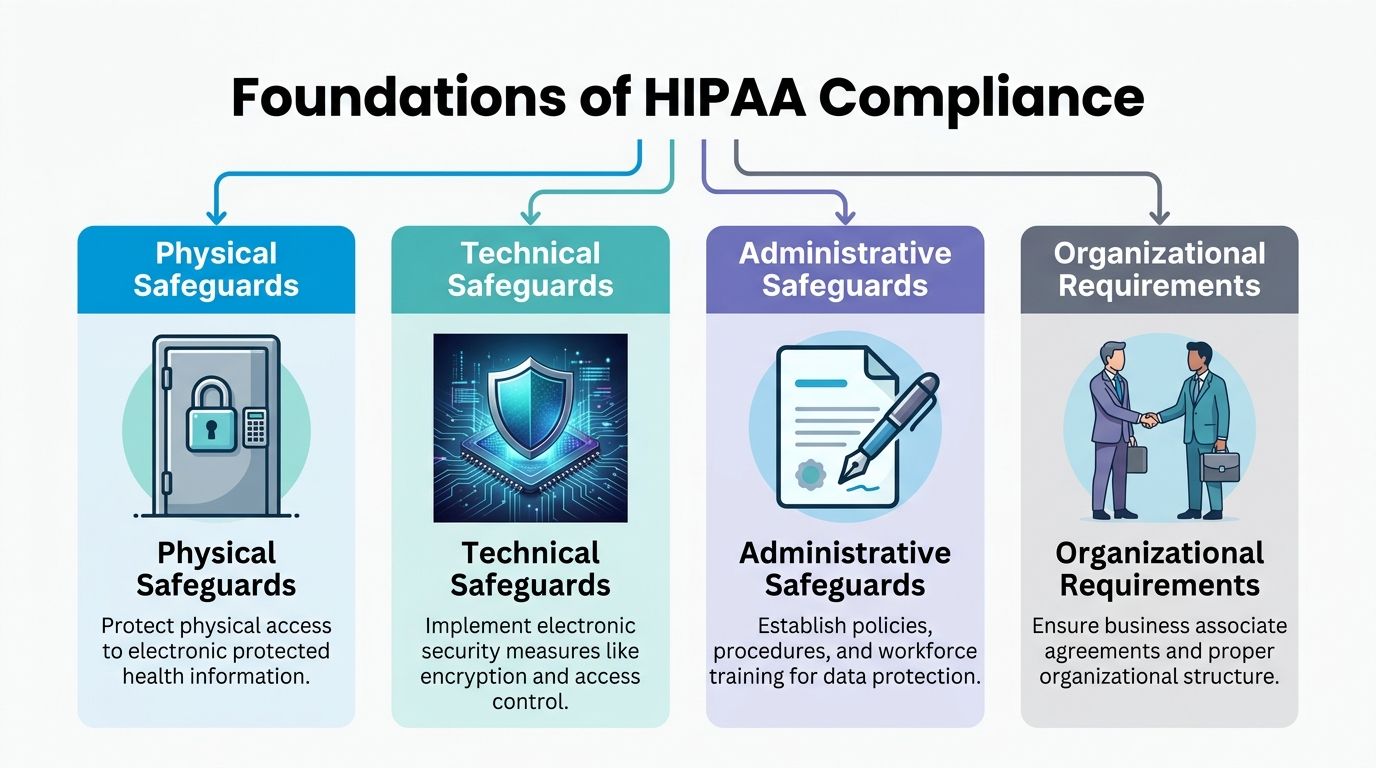 A diagram outlining the four main foundations of HIPAA compliance: physical, technical, administrative safeguards and organizational requirements.