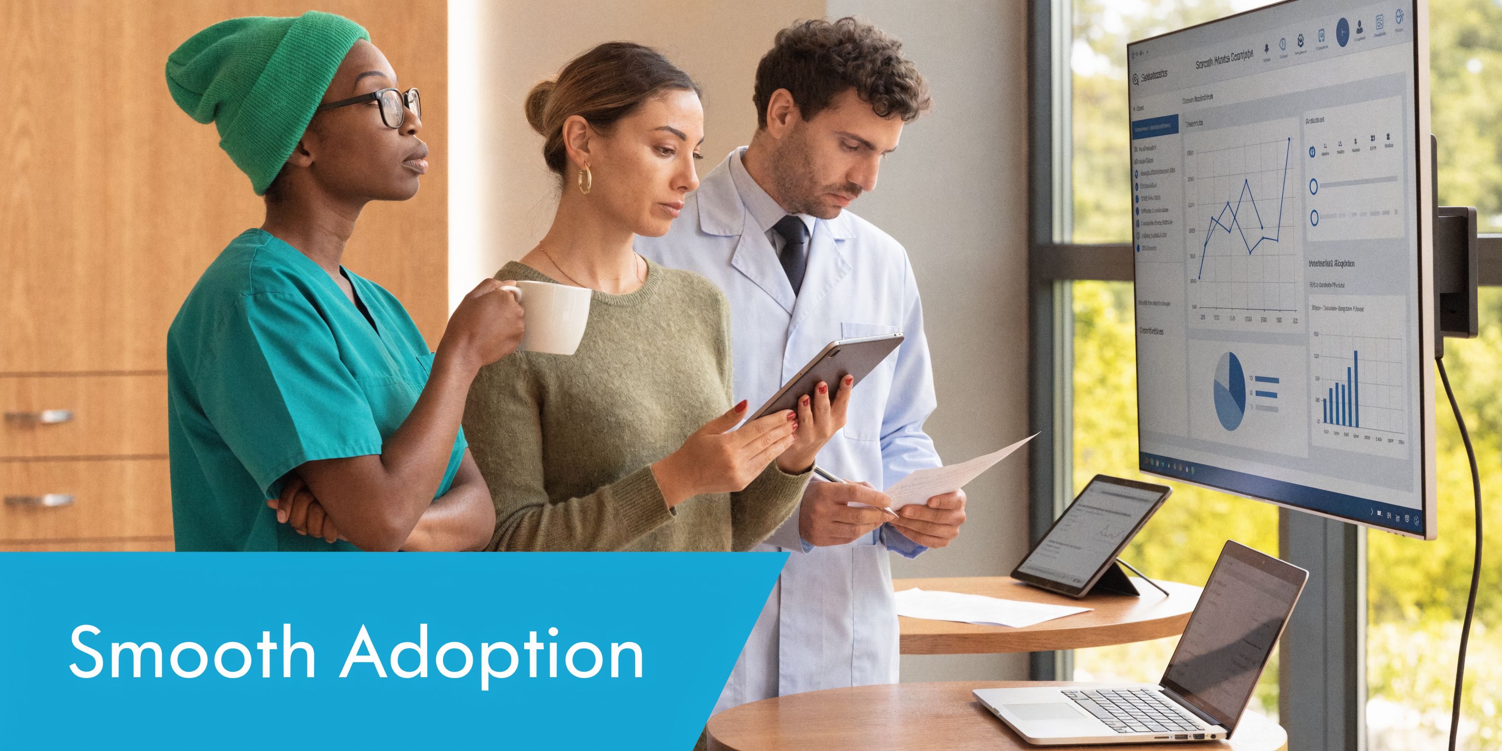 A diverse medical team reviewing data on a large wall display in a bright office setting.
