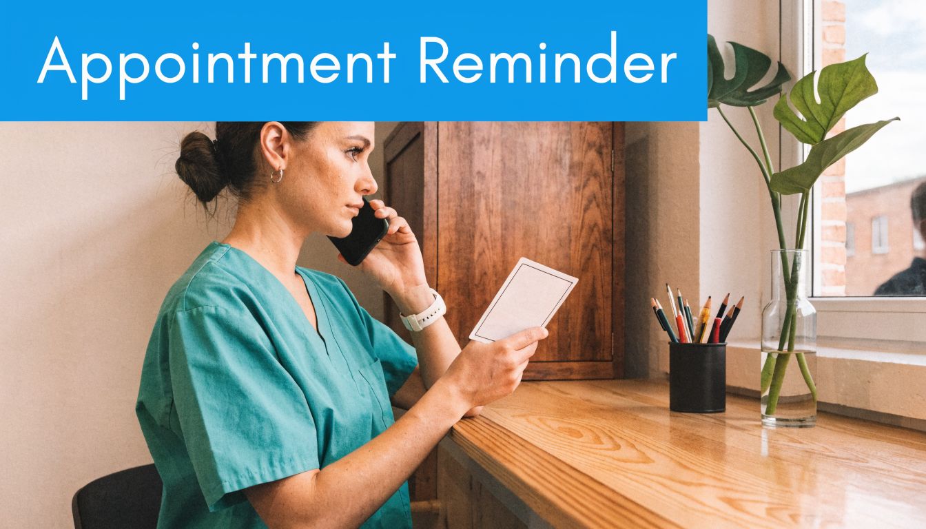 A healthcare professional in scrubs on a phone call while checking an appointment reminder card.