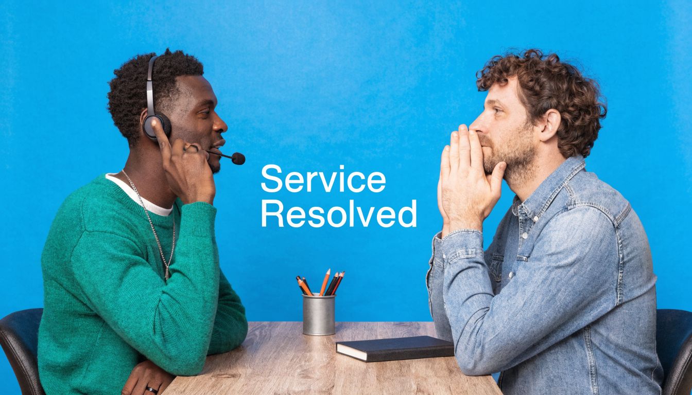 A customer service agent with a headset speaking to a concerned man sitting at a desk together.