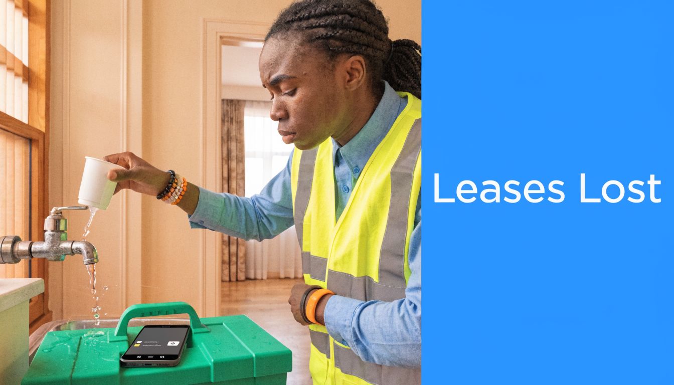 A person in a high visibility vest holding a cup under a dripping water faucet above a toolbox.