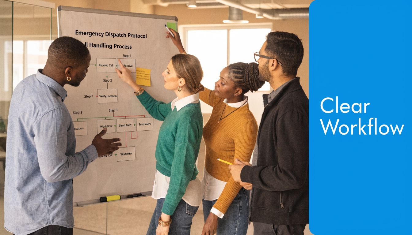 A diverse team of professionals brainstorming an emergency dispatch protocol workflow on a whiteboard in an office.