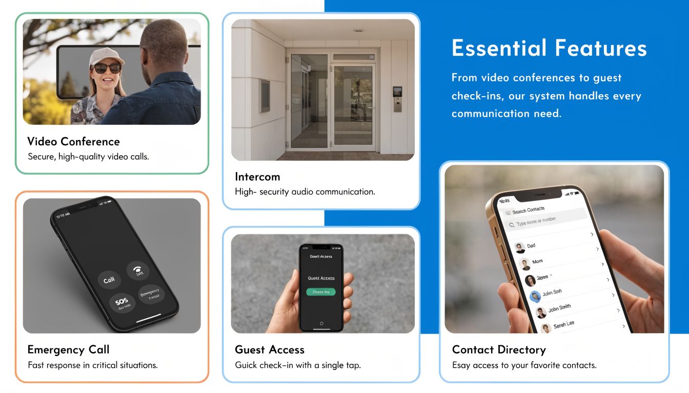 A digital display showcasing essential features for property management communication systems including video, intercom, and contact management.