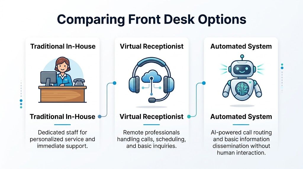 A comparison infographic showing three front desk options: traditional in-house staff, virtual receptionists, and automated AI systems.