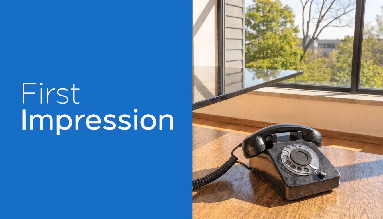 A classic black rotary dial telephone sits on a wooden desk near a window on a sunny day.