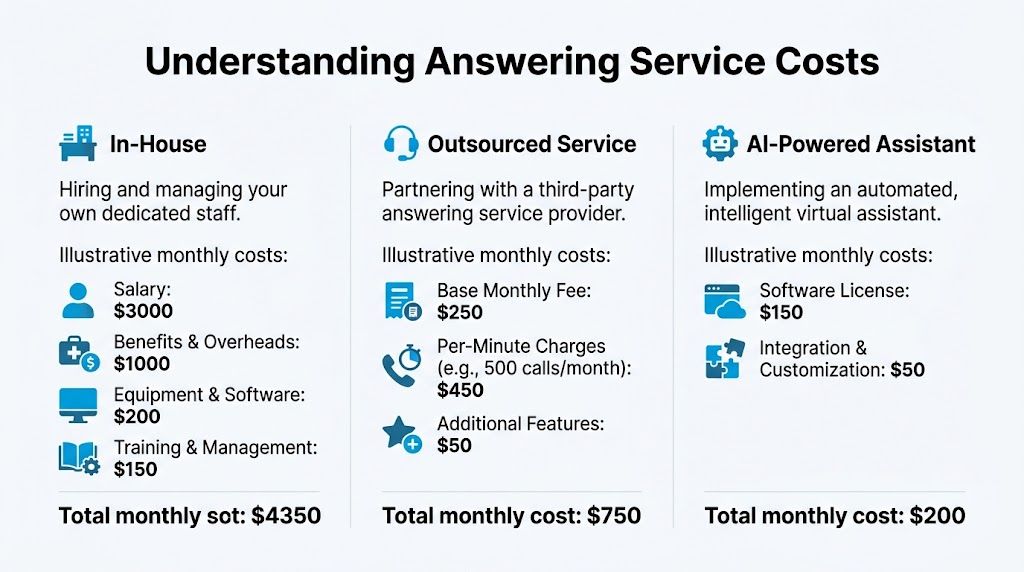 A comparison chart showing the monthly costs of in-house, outsourced, and AI-powered business answering services.