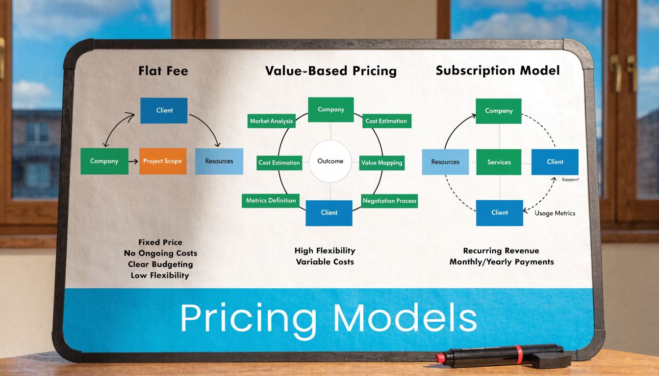 A whiteboard illustration explaining three pricing models: Flat Fee, Value-Based Pricing, and Subscription Model for businesses.