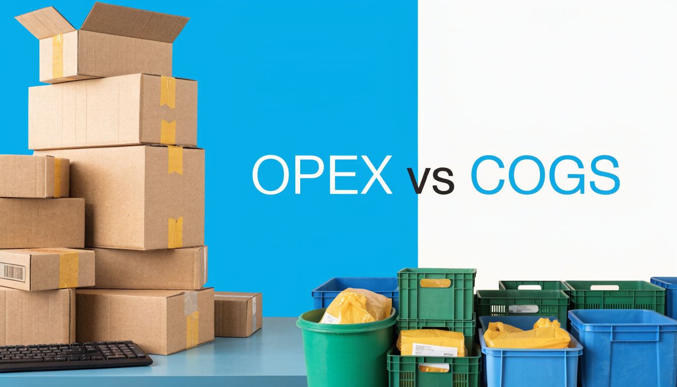 A stack of brown shipping boxes next to green and blue plastic crates with the text OPEX vs COGS.