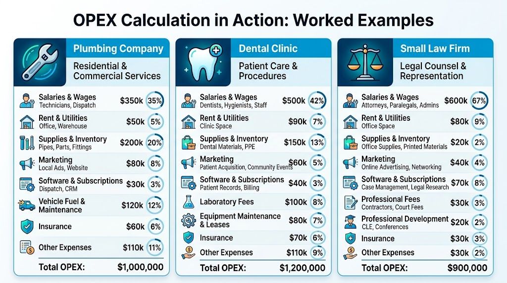 A table showing example operating expenses for plumbing, dental, and law firm businesses.