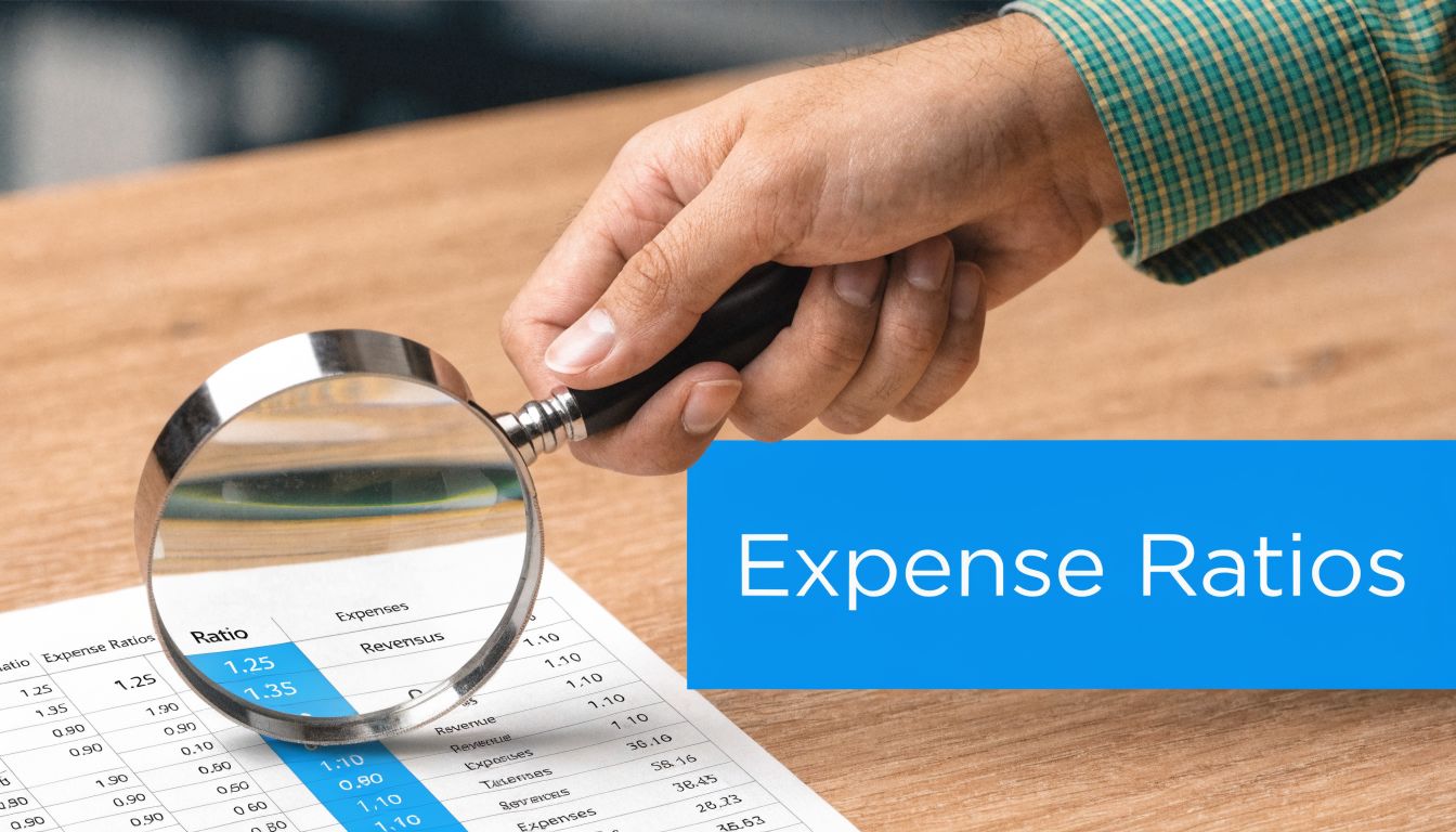 A hand holds a magnifying glass over a financial document highlighting expense ratios and business performance data.