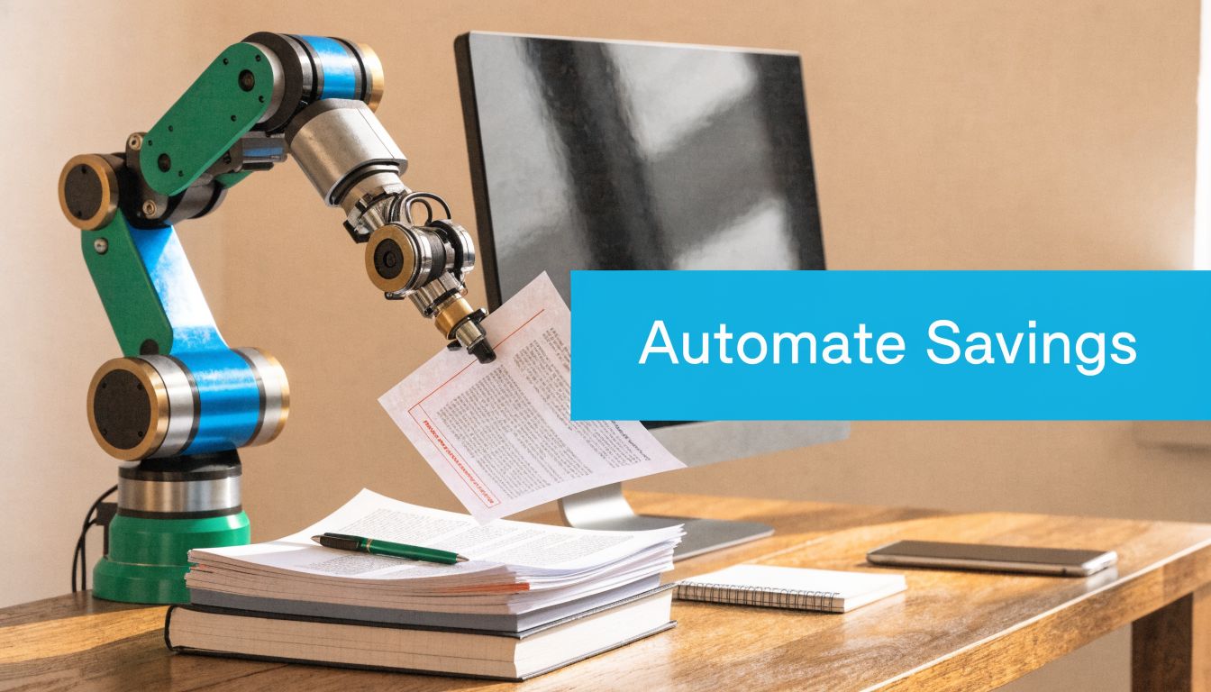 A robotic arm holding a document above a desk with a computer and paper stacks.