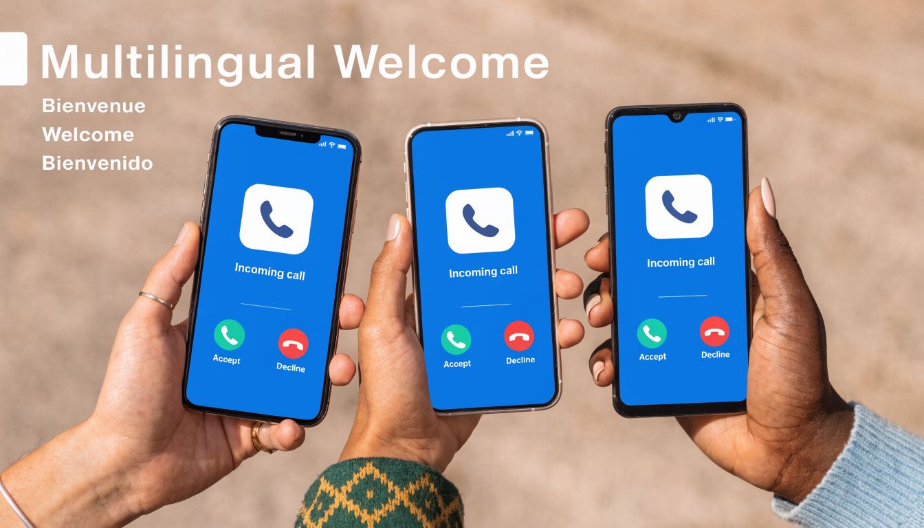 Three pairs of hands holding smartphones showing incoming call screens with accept and decline buttons.