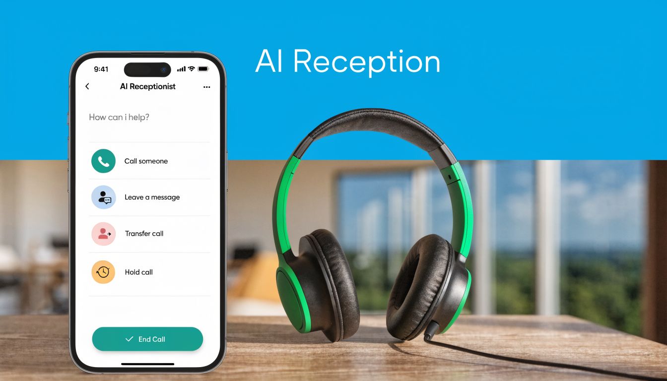 A smartphone interface showing an AI Receptionist menu next to a pair of green and black headphones.