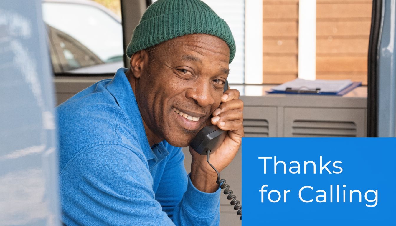 A friendly man wearing a green beanie smiling while talking on a telephone inside a van.