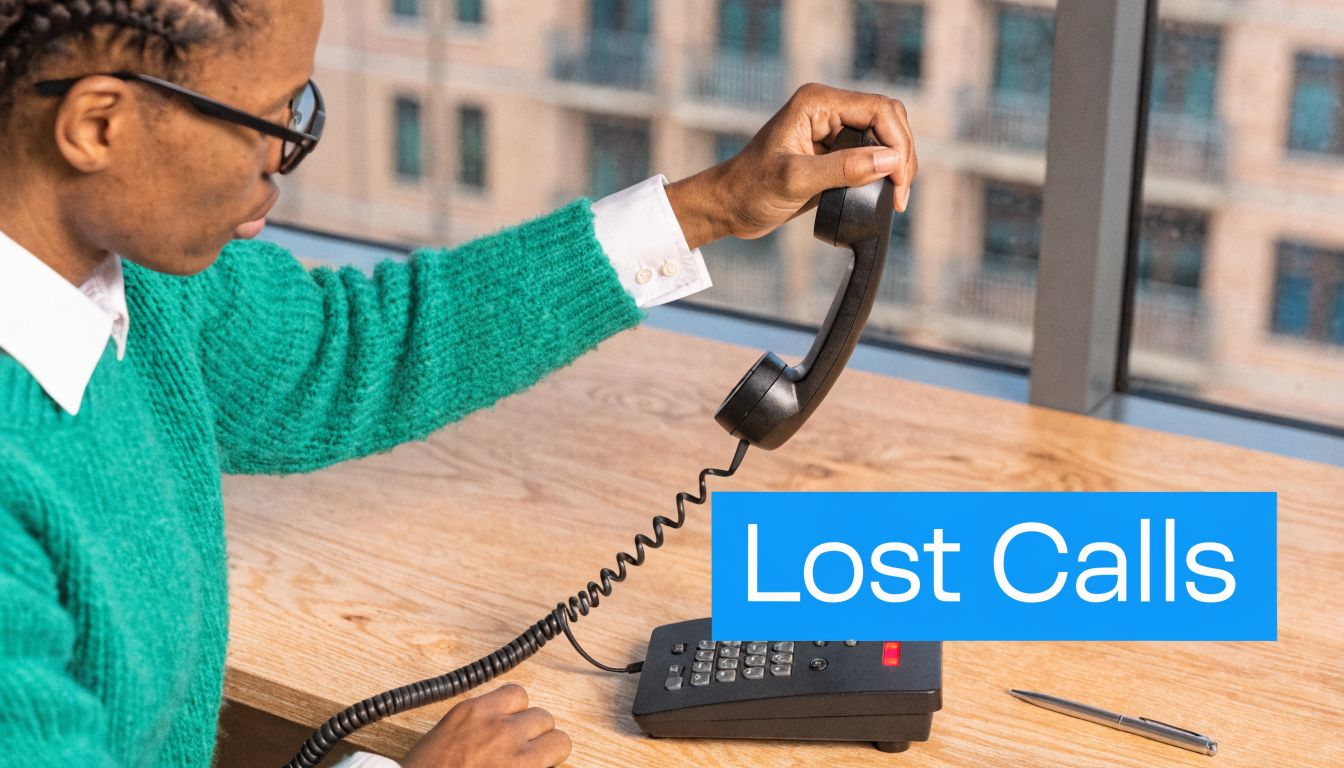 A person holding a telephone receiver over their desk with a bright blue box labeled Lost Calls.