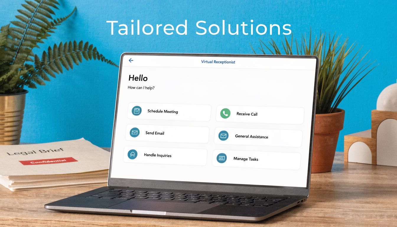 An open laptop on a wooden desk displaying a Virtual Receptionist interface with task options.
