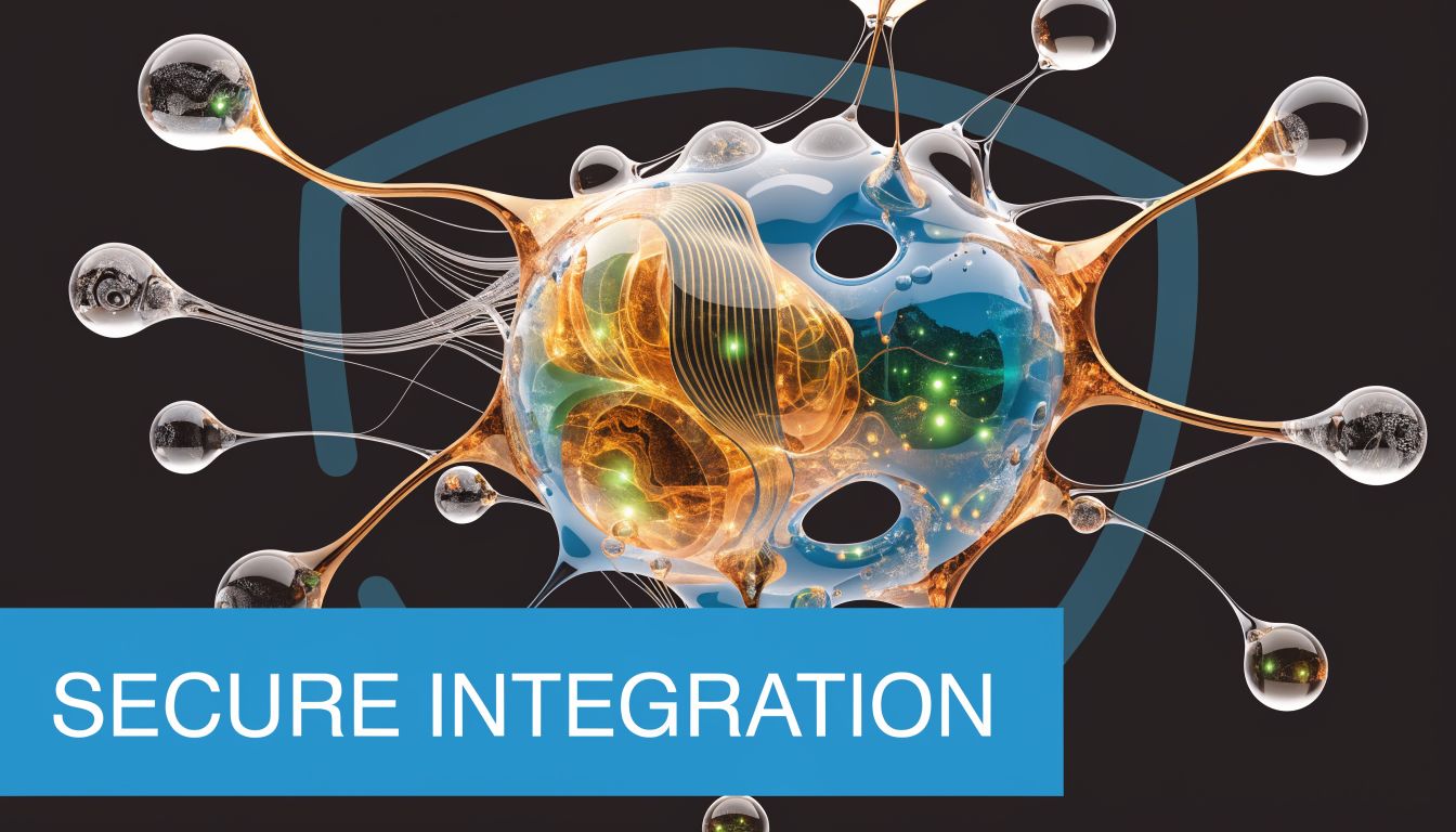 A digital graphic depicting a glowing network structure within a shield, labeled with secure integration text.