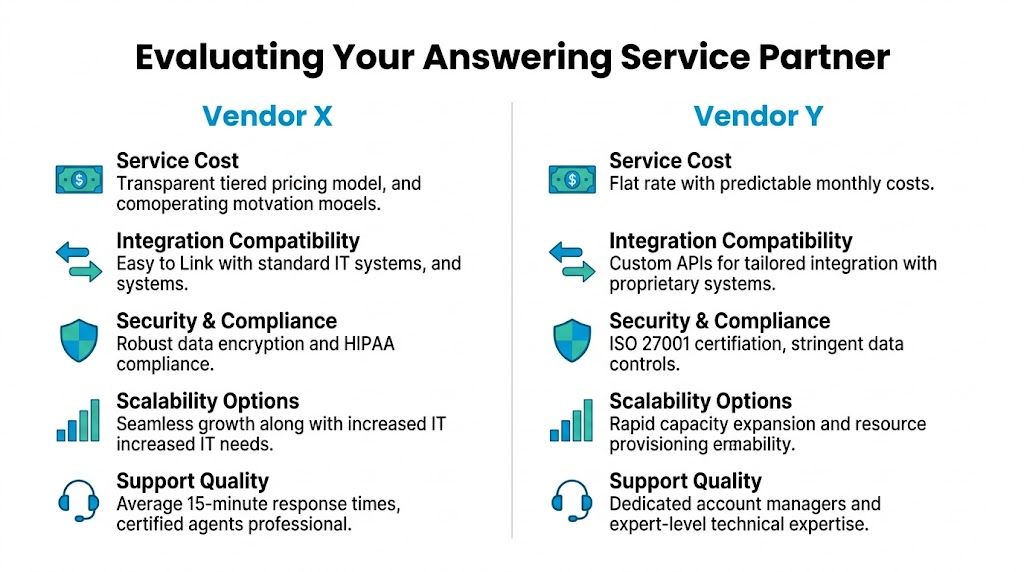 A comparison chart outlining key evaluation criteria for selecting an answering service partner between Vendor X and Vendor Y.