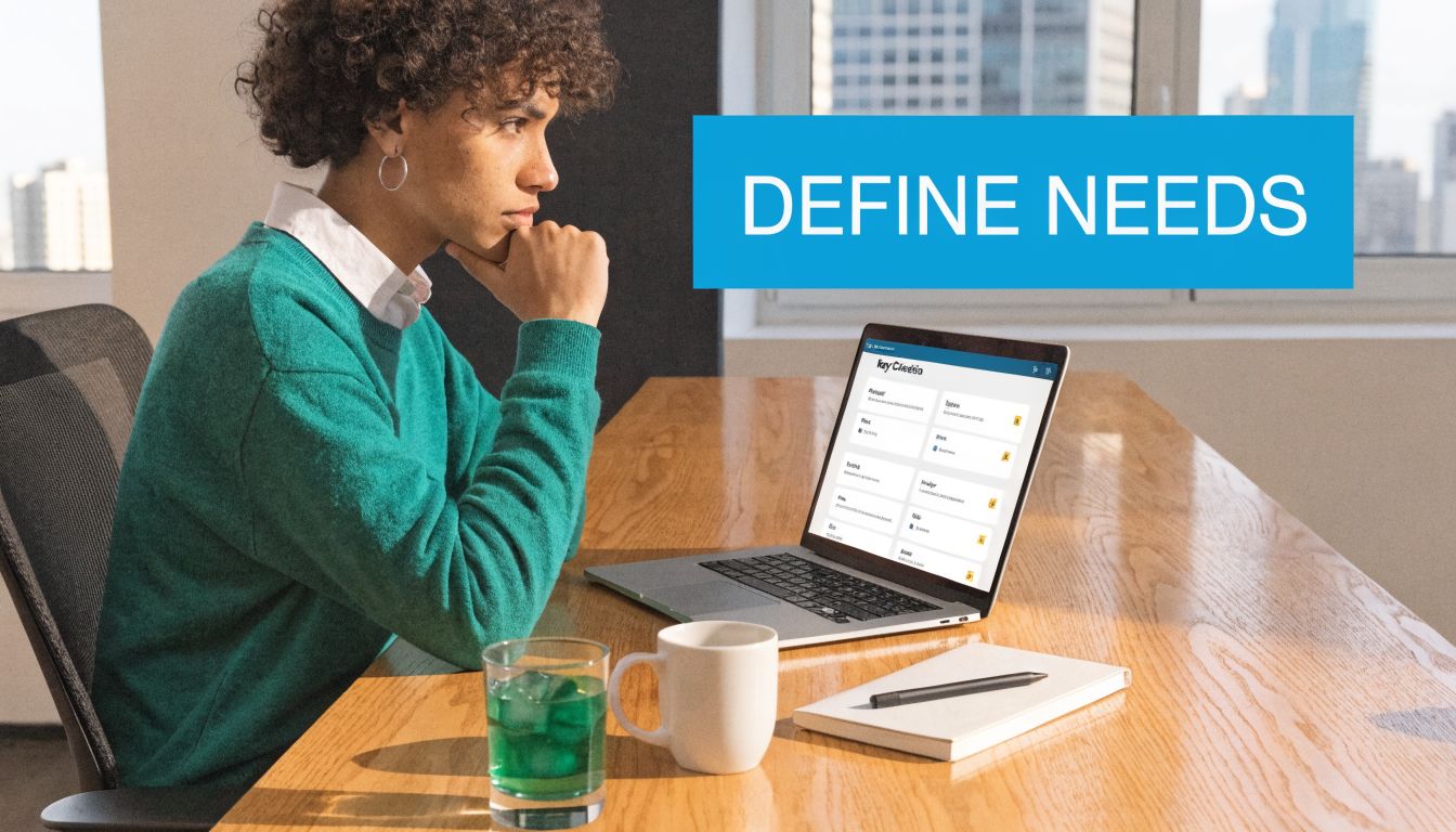 A person with curly hair wearing a green sweater looks at a laptop screen while working at a desk.
