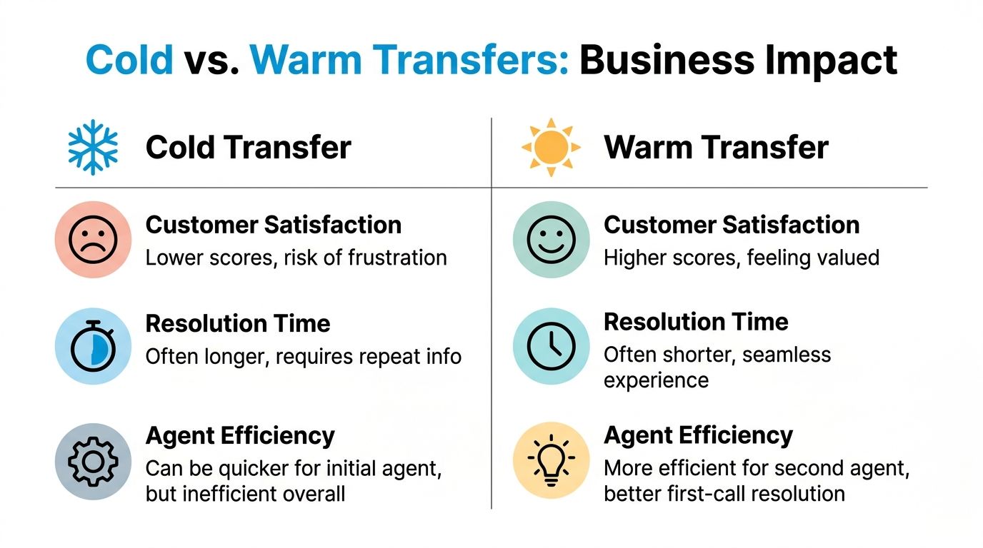 A comparison chart showing the business impact differences between cold transfers and warm transfers in customer service.