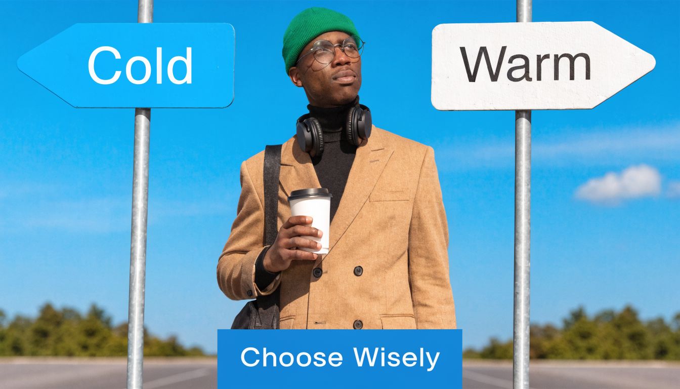 A young man wearing a beanie and brown coat standing between signs pointing to cold and warm.