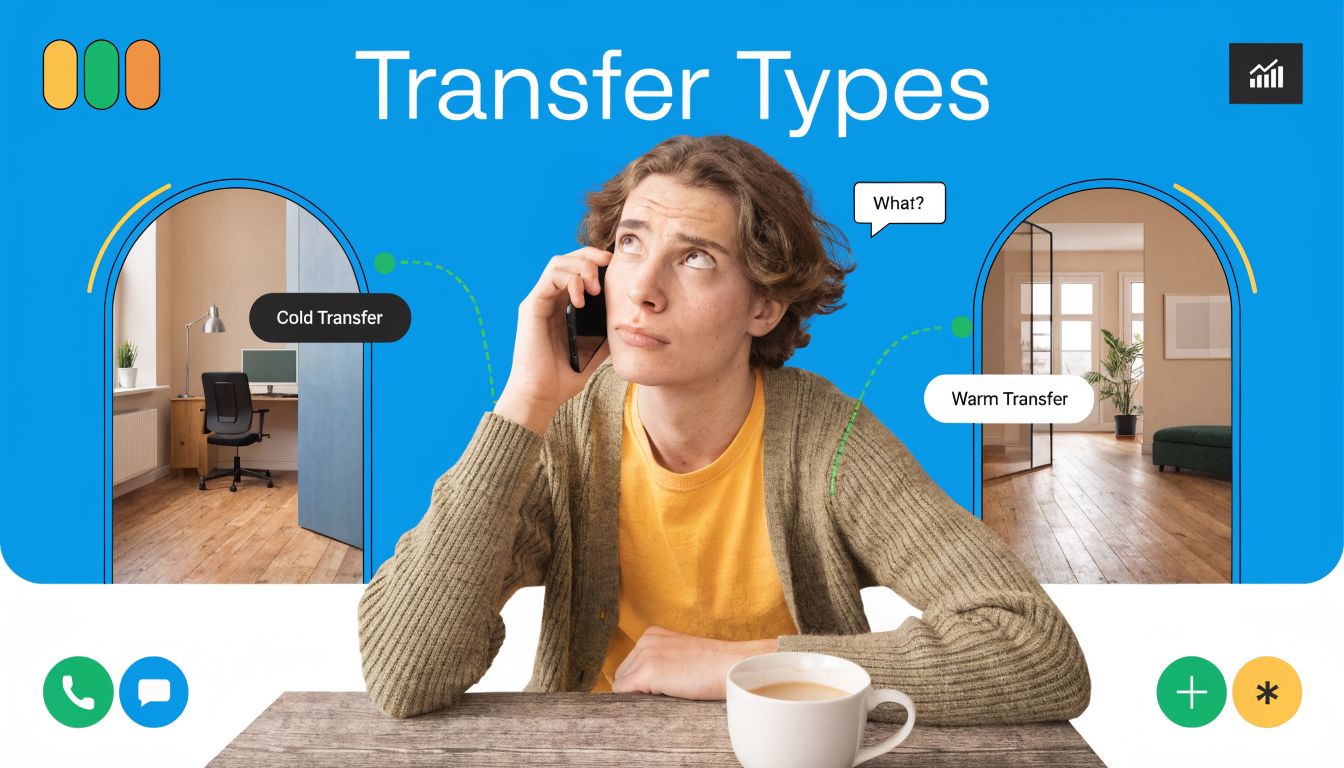 A confused person on a phone call illustrating the concept of cold versus warm call transfers.
