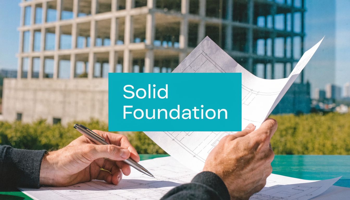 An architect reviewing blueprint plans in front of an unfinished concrete building structure under a clear sky.
