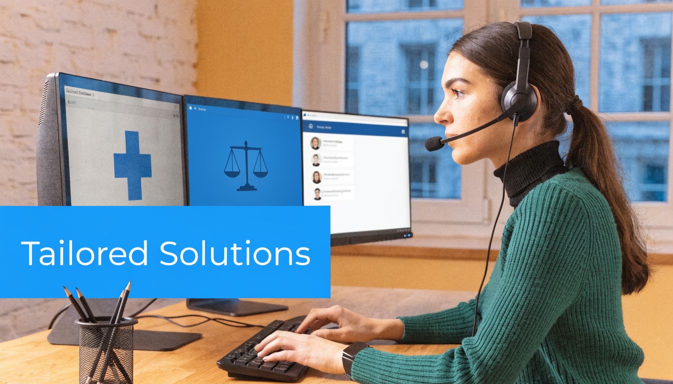 A professional customer service representative wearing a headset while working at a computer with multiple displays.