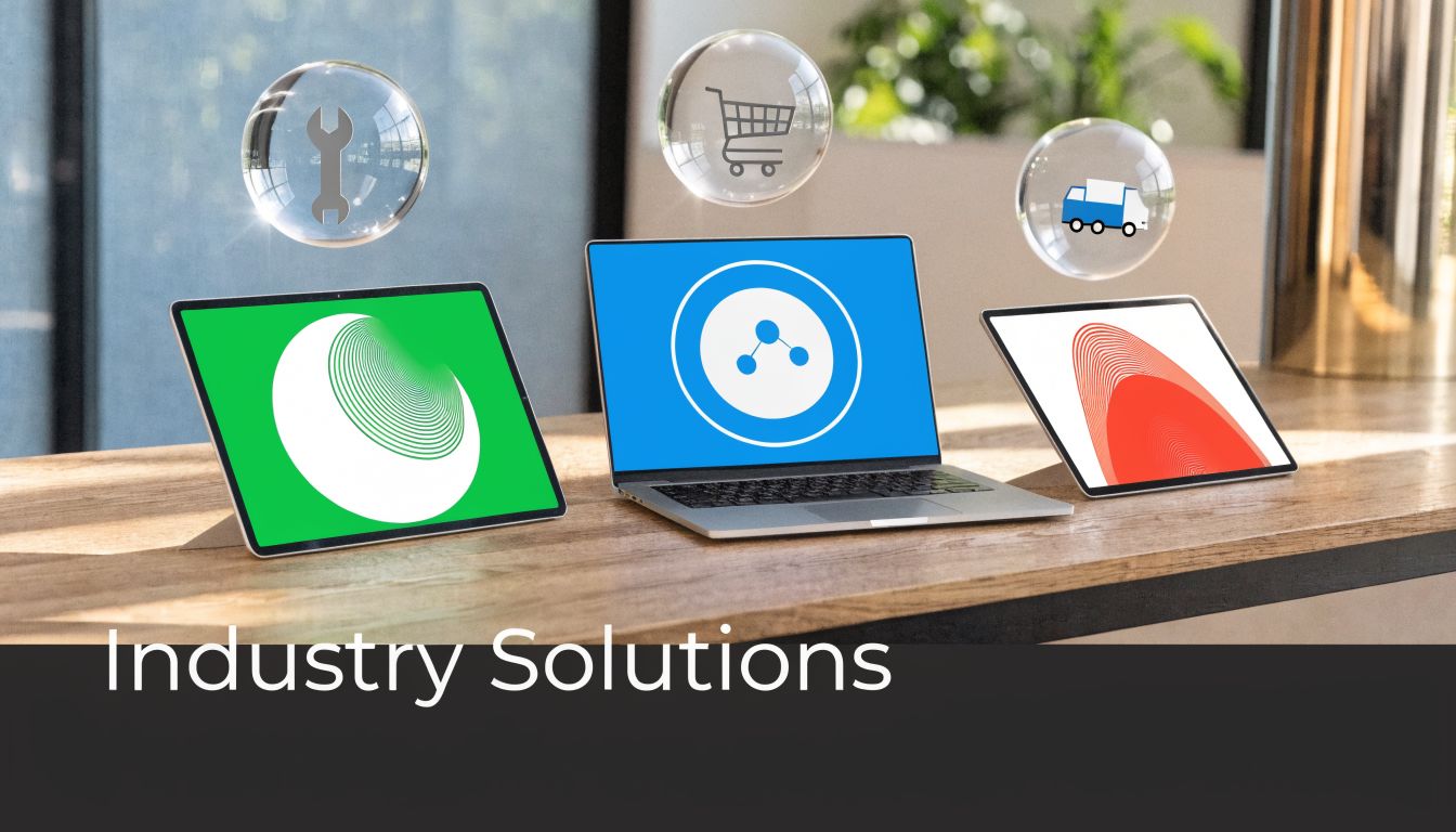 Three electronic devices on a desk with digital icons representing professional business and industrial software services.