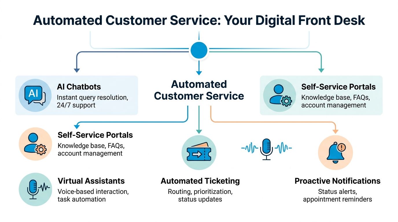 A diagram illustrating various digital tools for automated customer service, including chatbots, portals, and ticketing systems.