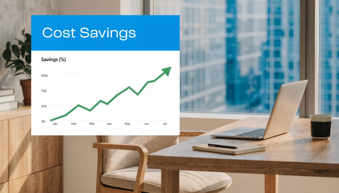 A digital graphic showing a line chart representing rising cost savings percentages from January to July.