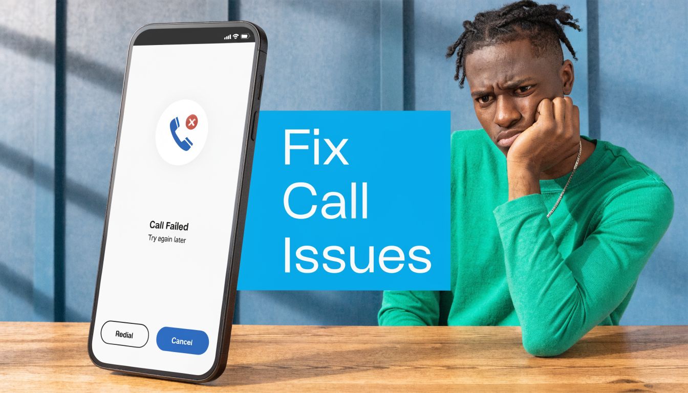 A man looking frustrated at his smartphone displaying a call failed error message on the screen.