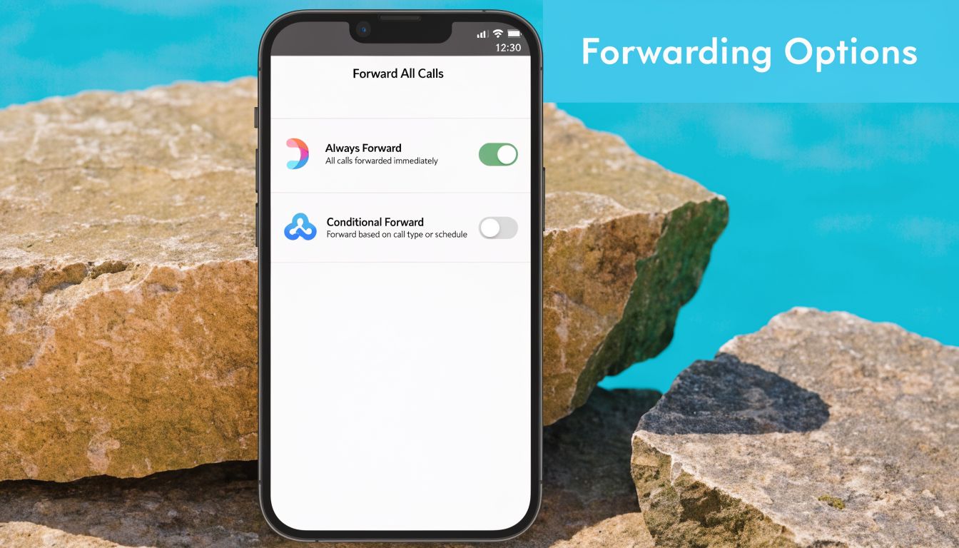 A smartphone display showing call forwarding options with the Always Forward feature enabled and Conditional Forward disabled.