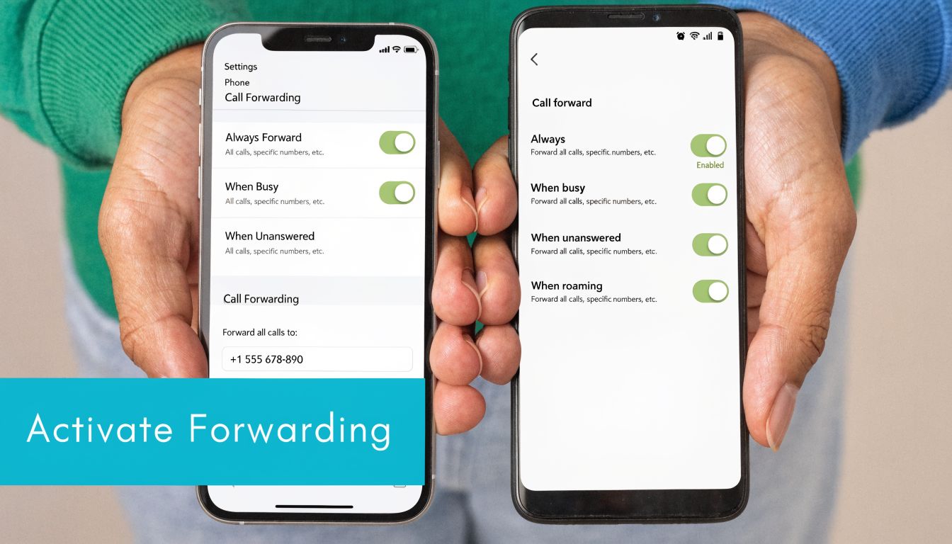 Two hands holding smartphones displaying call forwarding settings menus on their screens in a brightly lit environment.