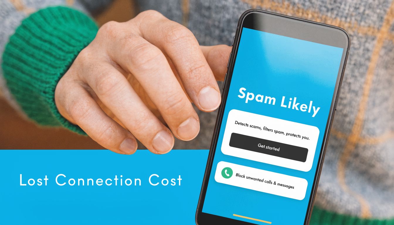 A person holding a smartphone displaying a 'Spam Likely' app interface to block unwanted calls and messages.